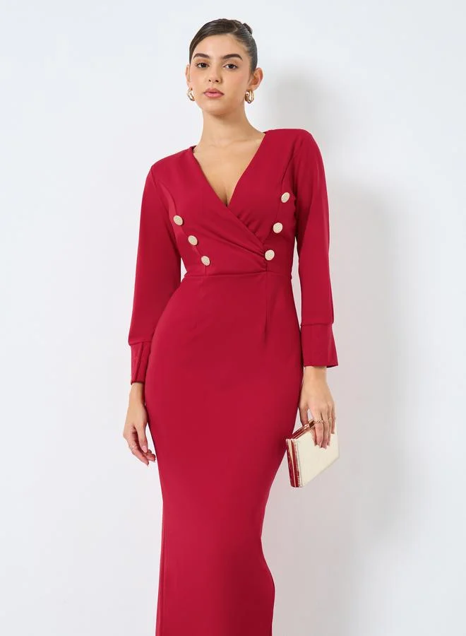 Styli Styli Red Maxi Blazer Dress with Button Detail
