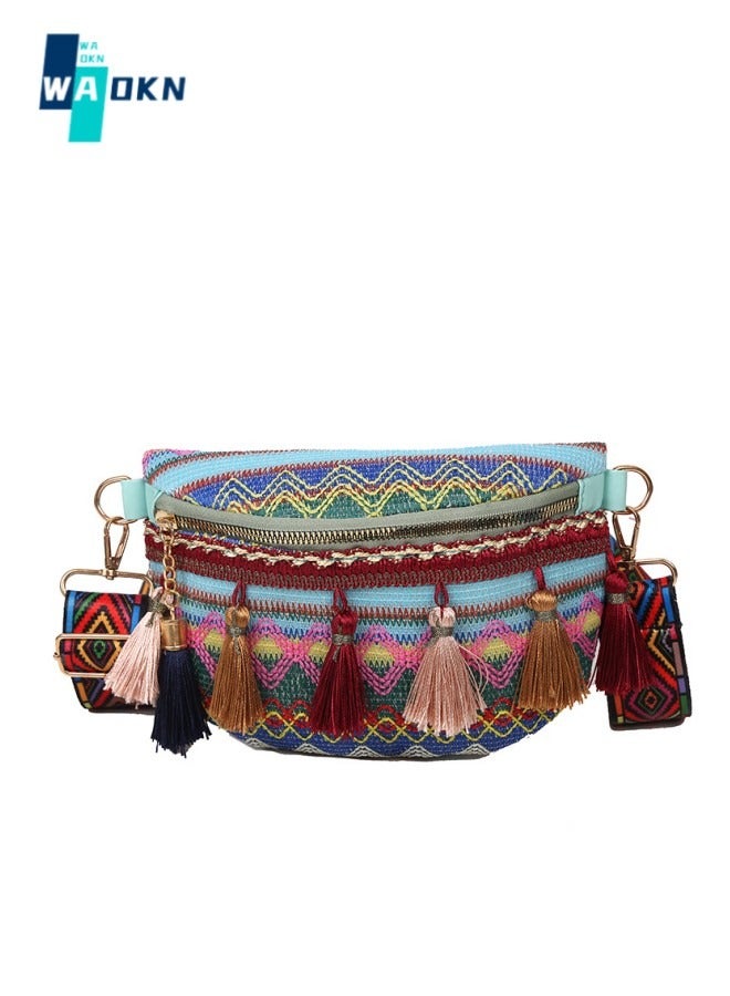 WAOKN Women's Boho Shoulder Bag, Girls Fashion Tassel Crossbody Bags Sling Bag Side Bag Carry Bag, Wide Strap Canvas Pouch Chest Bag Waist Bag Small Bag Gift Bag for College Students and Tenagers - Image 1