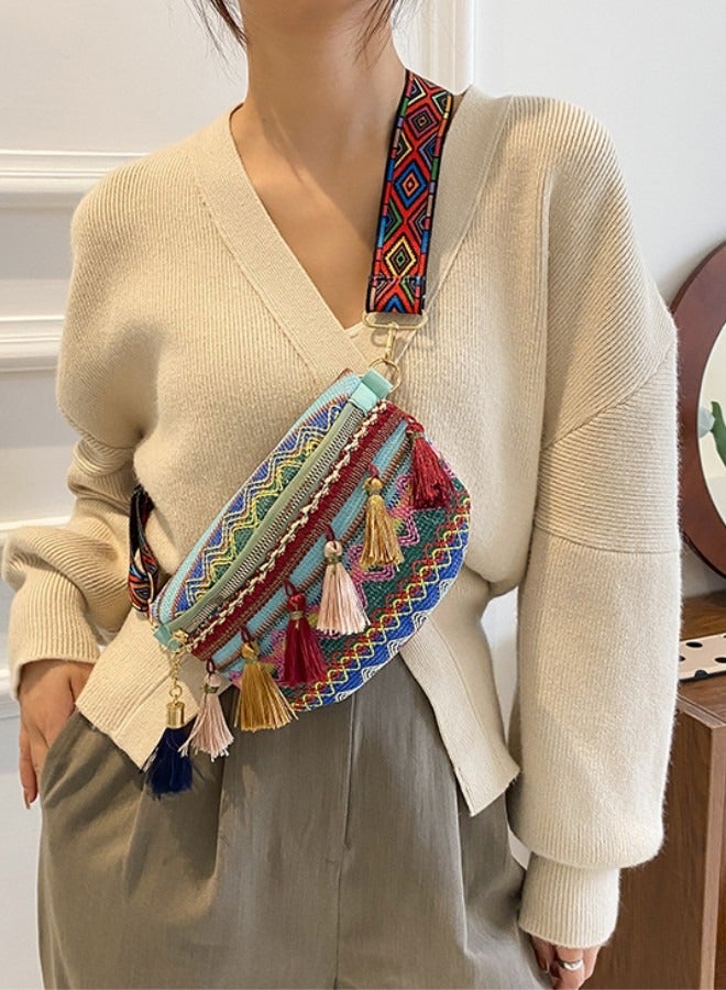 WAOKN Women's Boho Shoulder Bag, Girls Fashion Tassel Crossbody Bags Sling Bag Side Bag Carry Bag, Wide Strap Canvas Pouch Chest Bag Waist Bag Small Bag Gift Bag for College Students and Tenagers - Image 2