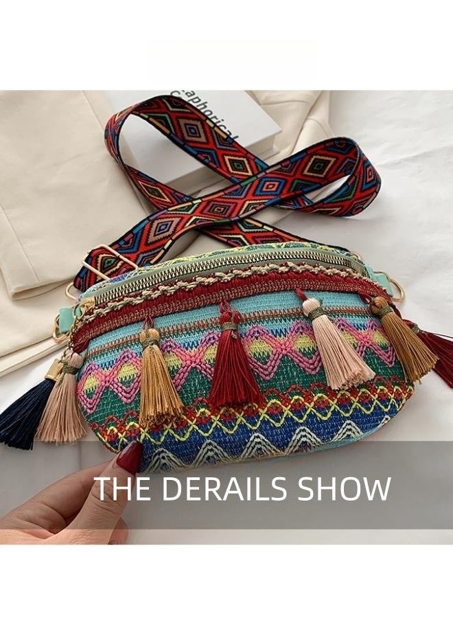 WAOKN Women's Boho Shoulder Bag, Girls Fashion Tassel Crossbody Bags Sling Bag Side Bag Carry Bag, Wide Strap Canvas Pouch Chest Bag Waist Bag Small Bag Gift Bag for College Students and Tenagers - Image 4