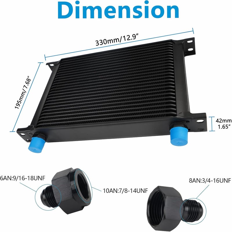 HTRACING 25 Row AN10 10AN Transmission Oil Cooler Kit Stacked Plate With 6AN 8AN Adapter Universal Engine Transmission British Radiator Oil Cooler Condenser Aluminium Alloy Black - Image 2