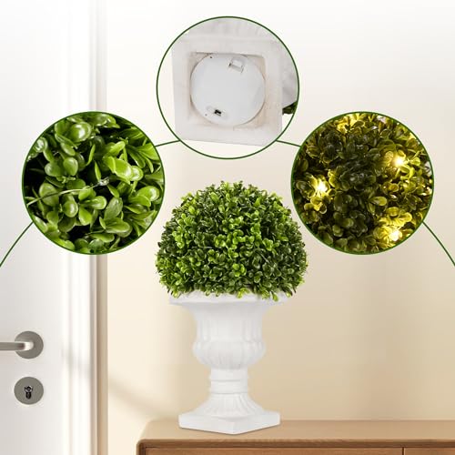 SEVENLOVE 2 Pack Artificial Boxwood Topiary Ball with Lights in Urn Container, 13" Topiary Centerpiece for Home Décor, Mini Fake Plant Greenery Arrangement - Image 3