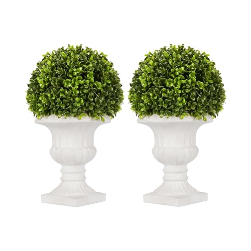 SEVENLOVE 2 Pack Artificial Boxwood Topiary Ball with Lights in Urn Container, 13" Topiary Centerpiece for Home Décor, Mini Fake Plant Greenery Arrangement - Image 1