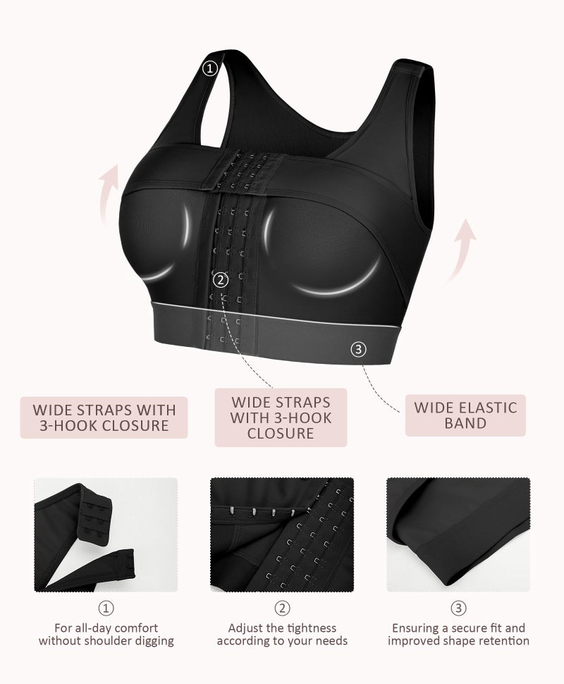 FeelinGirl Post Surgery Compression Bra for Women Wireless Surgical Bra Front Closure Bra Black M - Image 4
