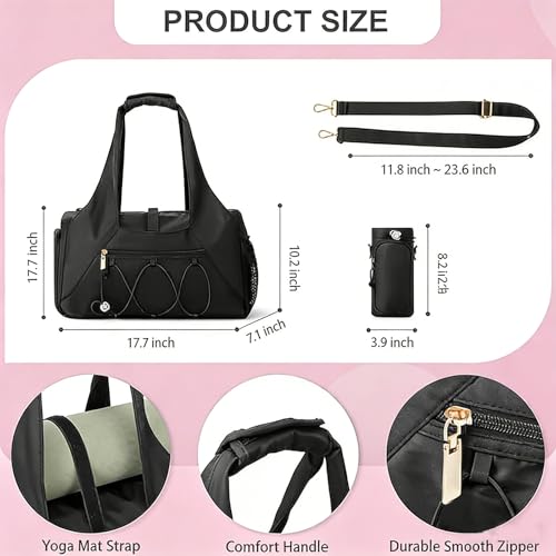 FULONEEI Gym Bag for Women Yoga Mat Bag with Shoe Compartment and Wet Pocket Sport Yoga Gym Bag with Yoga Strap Carryall Yoga Tote Bag Black - Image 3
