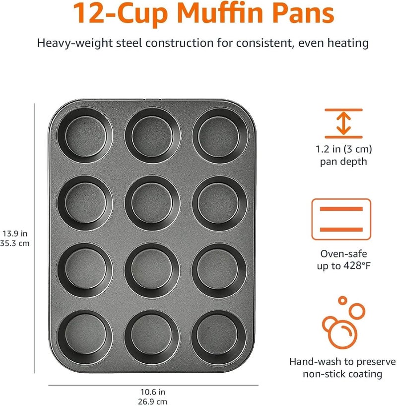Casa Azul 2pcs 12Cup Muffin Tray for Baking with 100 Muffin Liners BPA Free NonStick Carbon Steel Cupcake Tray 500F Heat Resistant Microwave OTG Oven Safe Cupcake Mould for Baking - Image 3