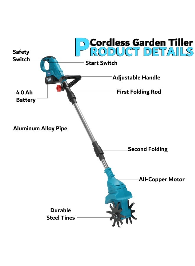 جيرزون محراث جير زون اللاسلكي 21 فولت، محراث حدائق محمول يعمل بالبطارية 4.0 أمبير/ساعة مع أسنان فولاذية، محراث دوار للعشب/الحديقة/زراعة التربة (أزرق) - Image 2