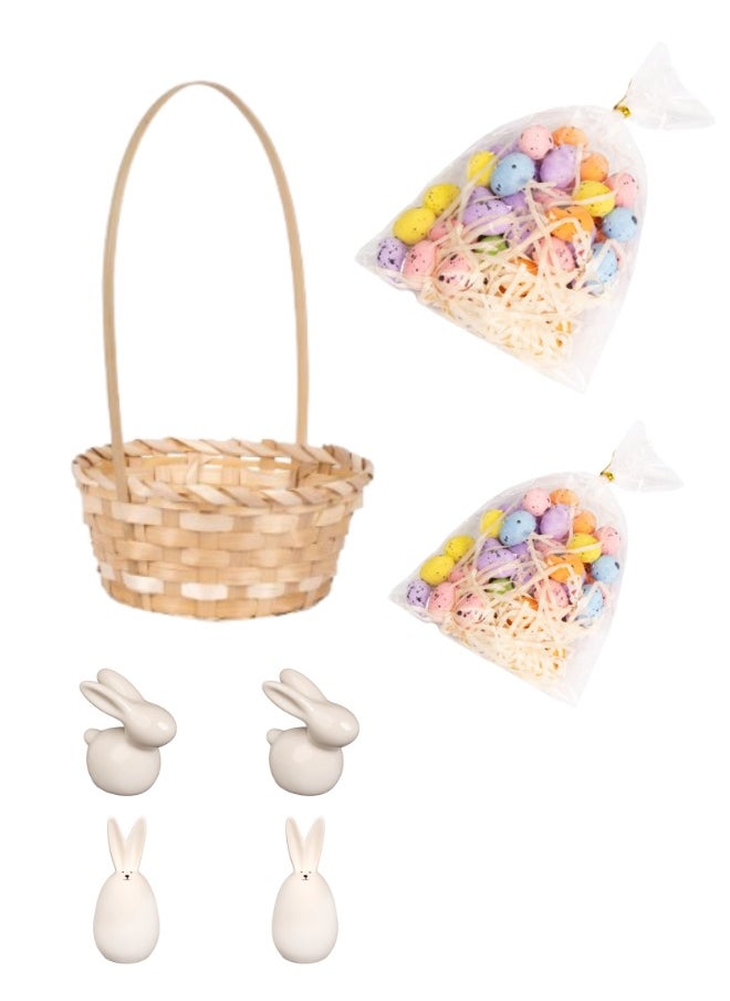 Gulf Flowers Gulf Flowers Easter Decoration Set – 2 White Ceramic Bunnies, 2x Mini Egg Packs (50pcs), 1 Natural Bamboo Basket – Spring Table Decor for Home, Gifts, Parties & Craft Displays 
