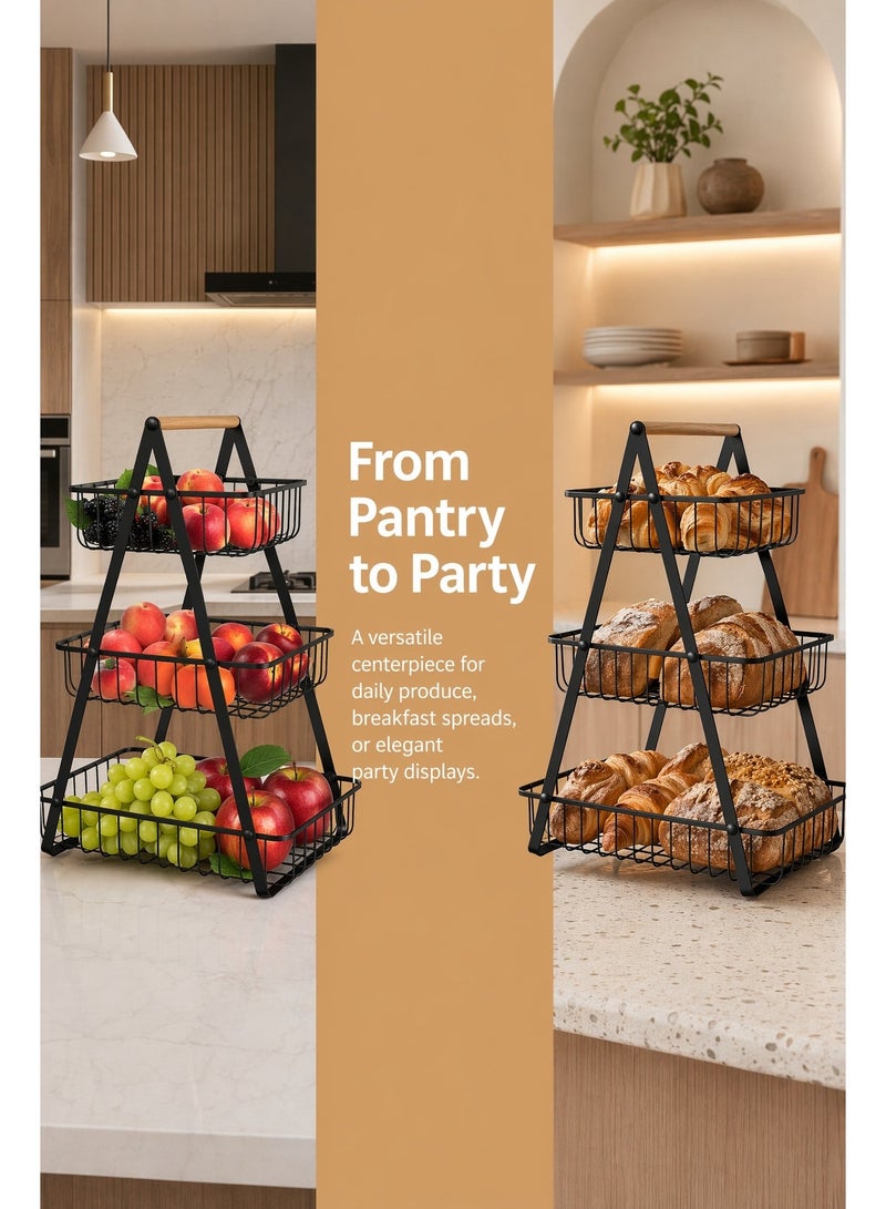 MEDOOSI 3-Tier Fruit Basket Rack, High Capacity Countertop Fruit Basket with Wood Handle, Detachable Fruit Storage Basket for Home Kitchen Bathroom Office - Image 4