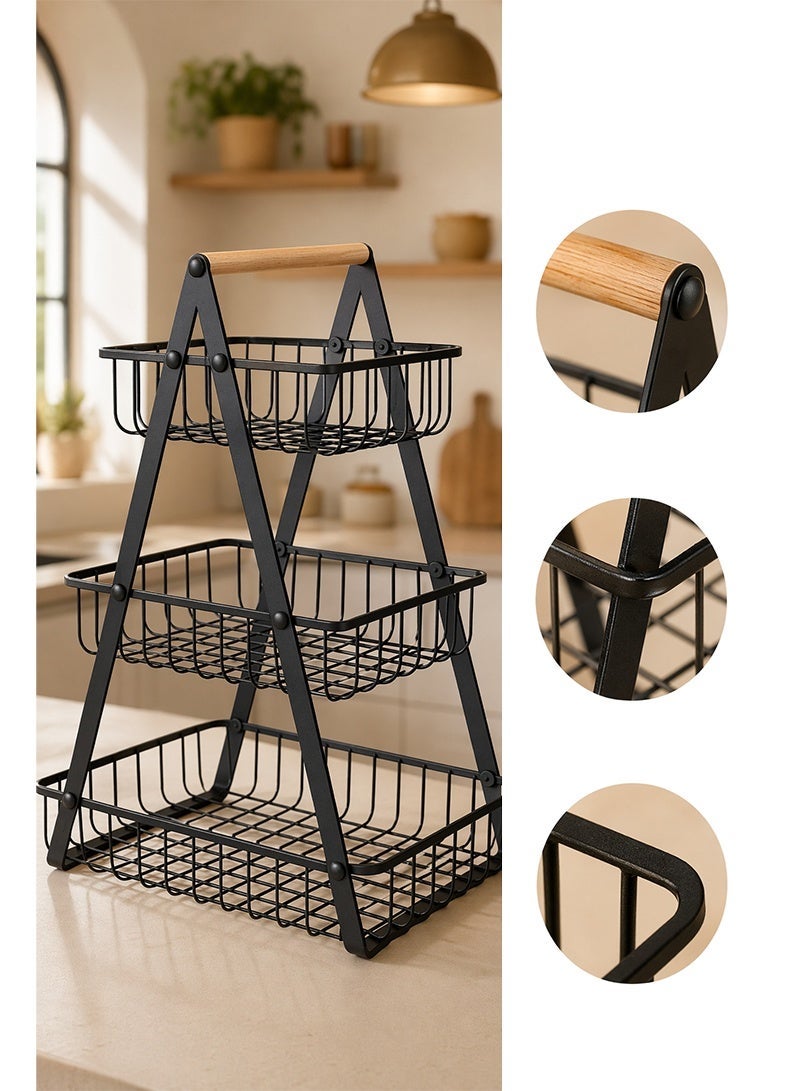 MEDOOSI 3-Tier Fruit Basket Rack, High Capacity Countertop Fruit Basket with Wood Handle, Detachable Fruit Storage Basket for Home Kitchen Bathroom Office - Image 1