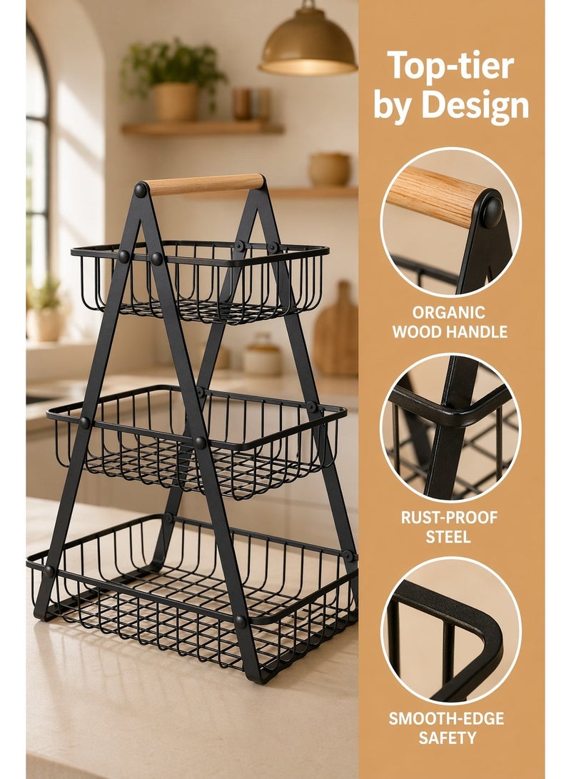 MEDOOSI 3-Tier Fruit Basket Rack, High Capacity Countertop Fruit Basket with Wood Handle, Detachable Fruit Storage Basket for Home Kitchen Bathroom Office - Image 5