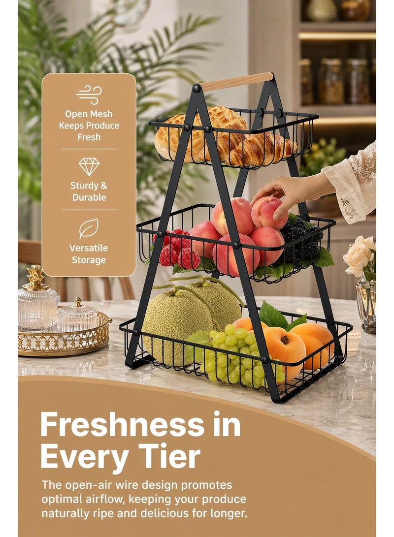 MEDOOSI 3-Tier Fruit Basket Rack, High Capacity Countertop Fruit Basket with Wood Handle, Detachable Fruit Storage Basket for Home Kitchen Bathroom Office - Image 3