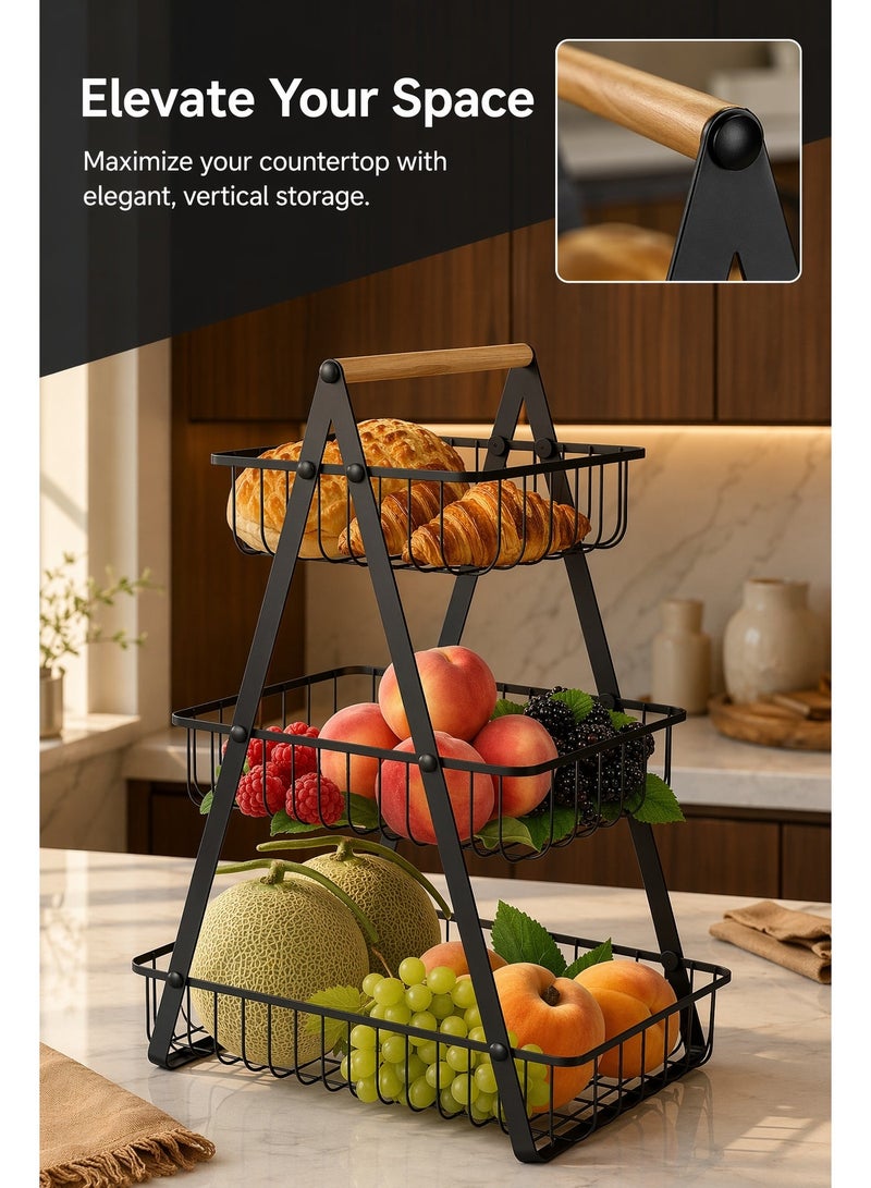 MEDOOSI 3-Tier Fruit Basket Rack, High Capacity Countertop Fruit Basket with Wood Handle, Detachable Fruit Storage Basket for Home Kitchen Bathroom Office - Image 2