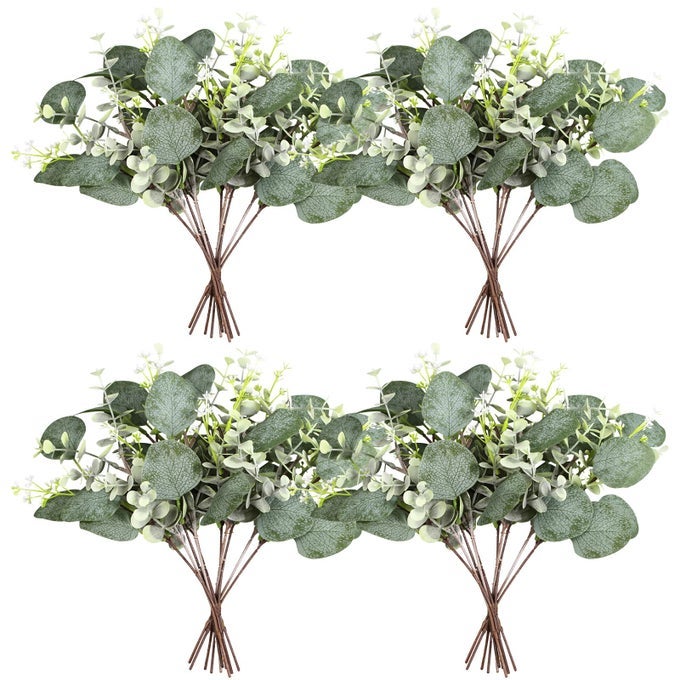 ARTIFICIAL EUCALYPTUS STEMS 24PCS MIXED EUCALYPTUS GREENERY STEMS SILVER DOLLAR LEAVES WITH WHITE SEEDS GREEN PLANTS WEDDING BOUQUET GREEN DECOR FLOWER ARRANGEMENT MIXED ROUND LEAVES