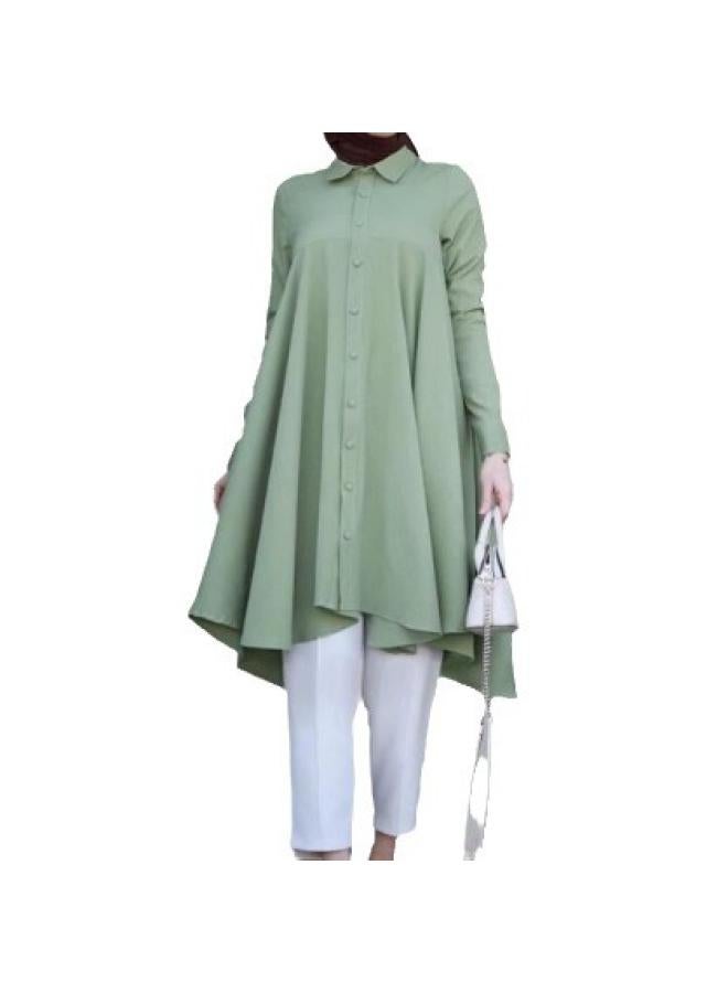 VUELO Muslim Women's Solid Color Lapel Coat Button Placket Dovetail Curved Hem Long Sleeve Women's Shirt - Image 5