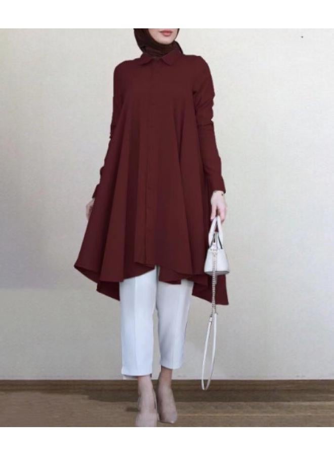 VUELO Muslim Women's Solid Color Lapel Coat Button Placket Dovetail Curved Hem Long Sleeve Women's Shirt - Image 3