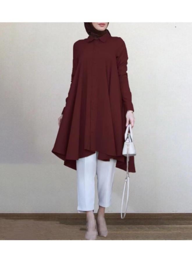 VUELO Muslim Women's Solid Color Lapel Coat Button Placket Dovetail Curved Hem Long Sleeve Women's Shirt - Image 2