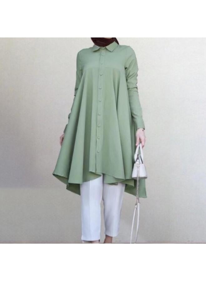 VUELO Muslim Women's Solid Color Lapel Coat Button Placket Dovetail Curved Hem Long Sleeve Women's Shirt - Image 4