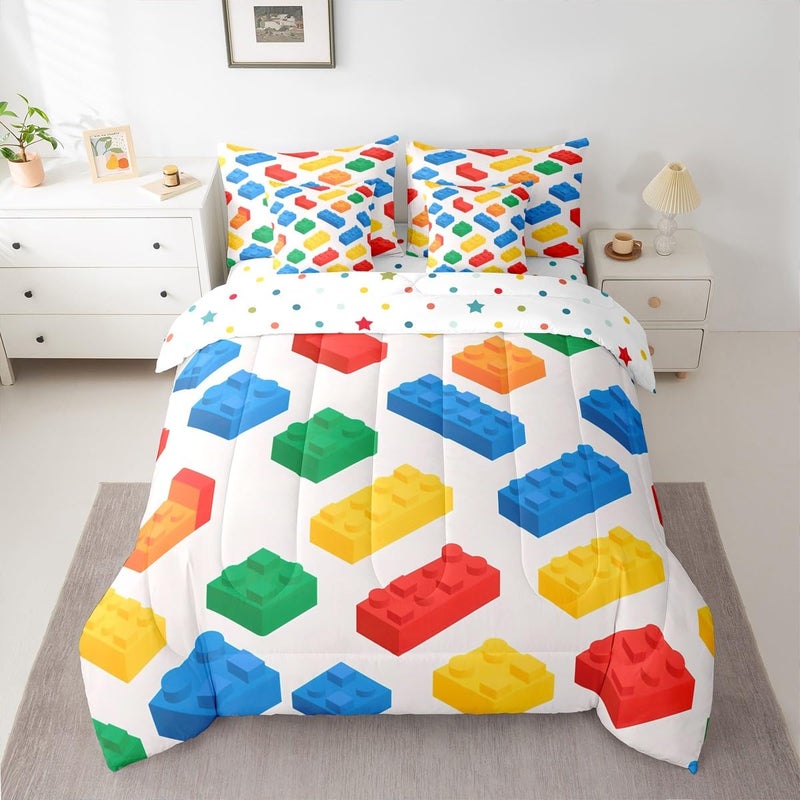 Feelyou Building Blocks Comforter Set with Sheets Gaming 7 Piece Bedding Set for Kids Boys Girls Teens Toy Brick Bed Set Includes Comforter Sheet Set Pillowcases Pillow Covers Full Size Colorful