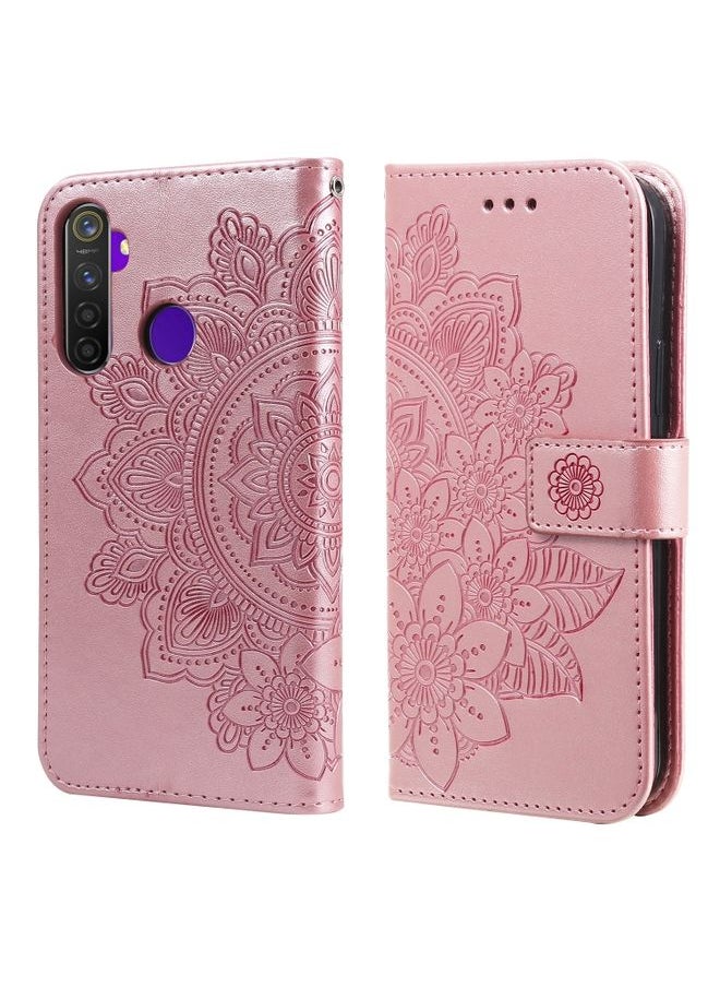 HuHa Case Cover For Realme 5 / Realme 5s / Realme C3 7-petal Flowers Embossing Pattern Horizontal Flip PU Leather Case with Holder & Card Slots & Wallet & Photo Frame Rose Gold 