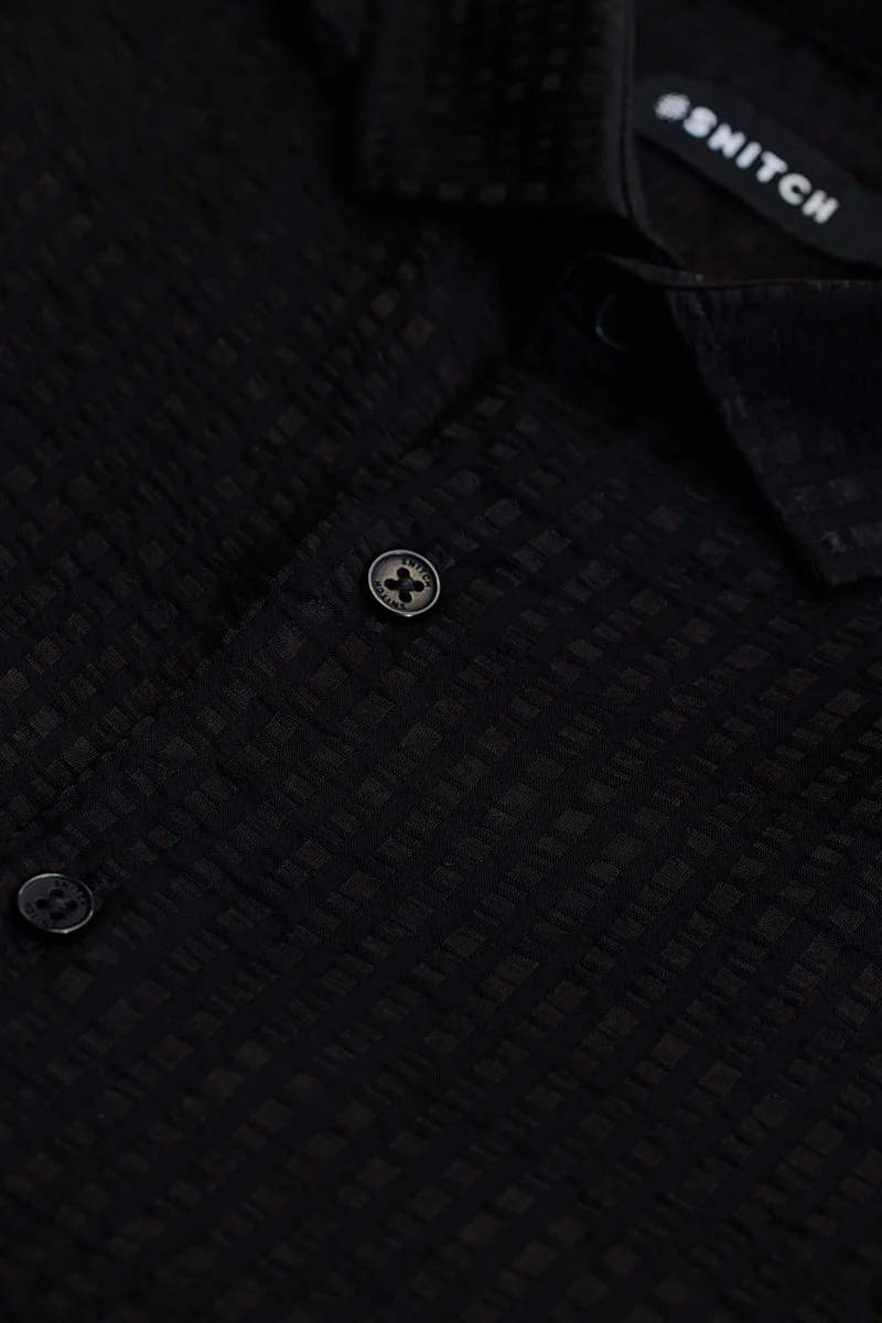 سنيتش Black Textured Long Sleeve Slim Fit Casual Shirt