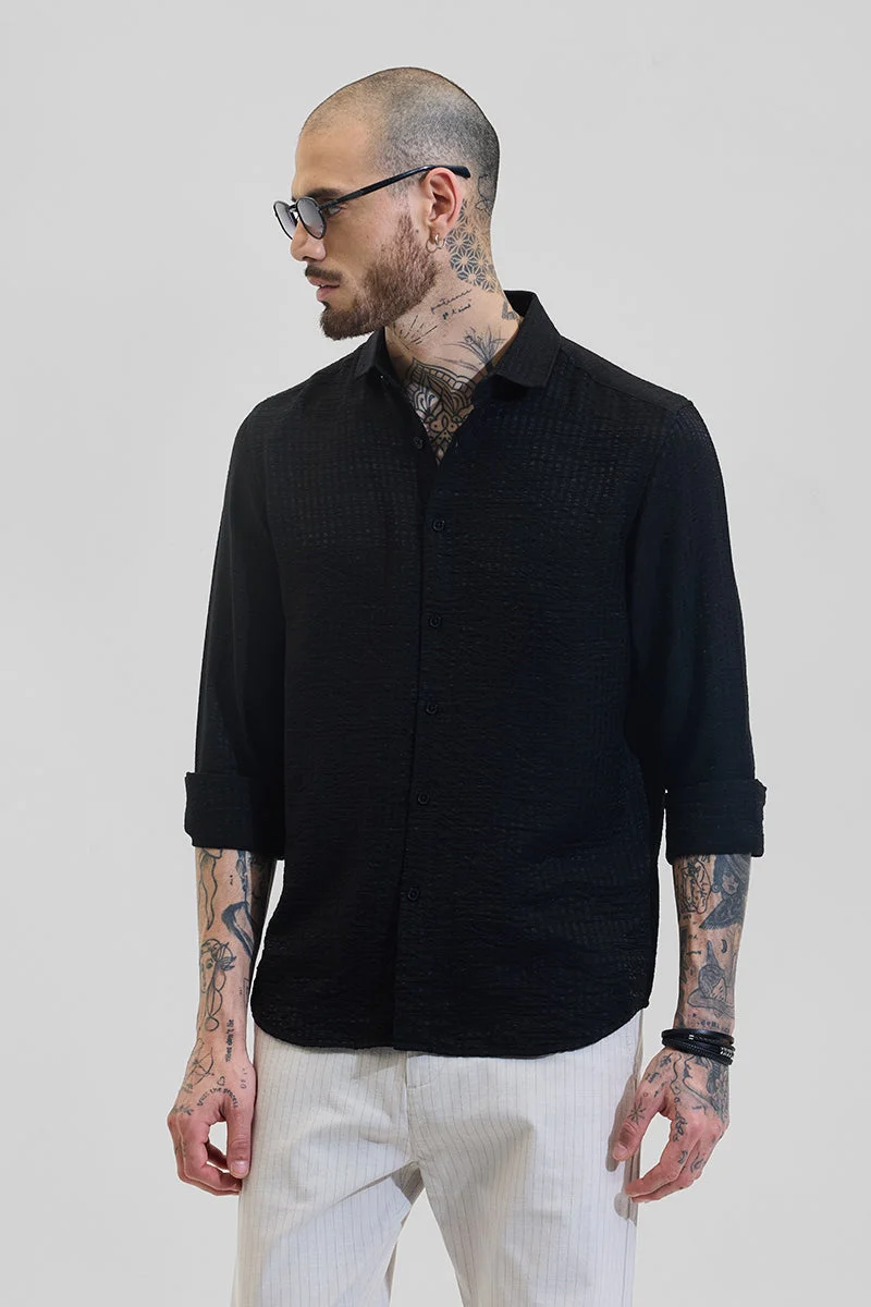 سنيتش Black Textured Long Sleeve Slim Fit Casual Shirt
