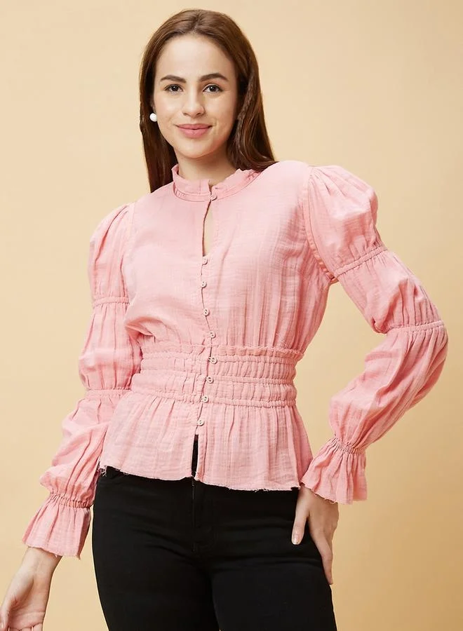 globus Globus Textured Mandarin Collar Puff Sleeves Cotton Top