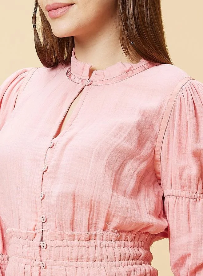 globus Globus Textured Mandarin Collar Puff Sleeves Cotton Top