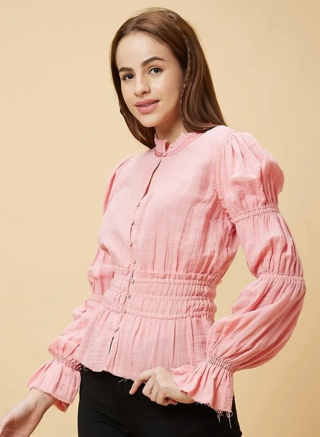 globus Textured Mandarin Collar Puff Sleeves Cotton Top