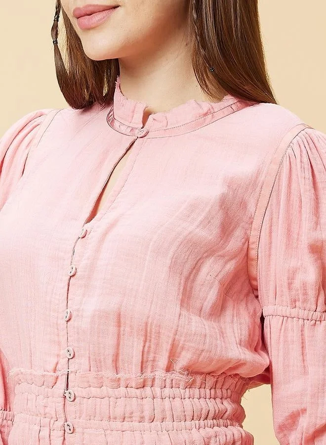 globus Textured Mandarin Collar Puff Sleeves Cotton Top