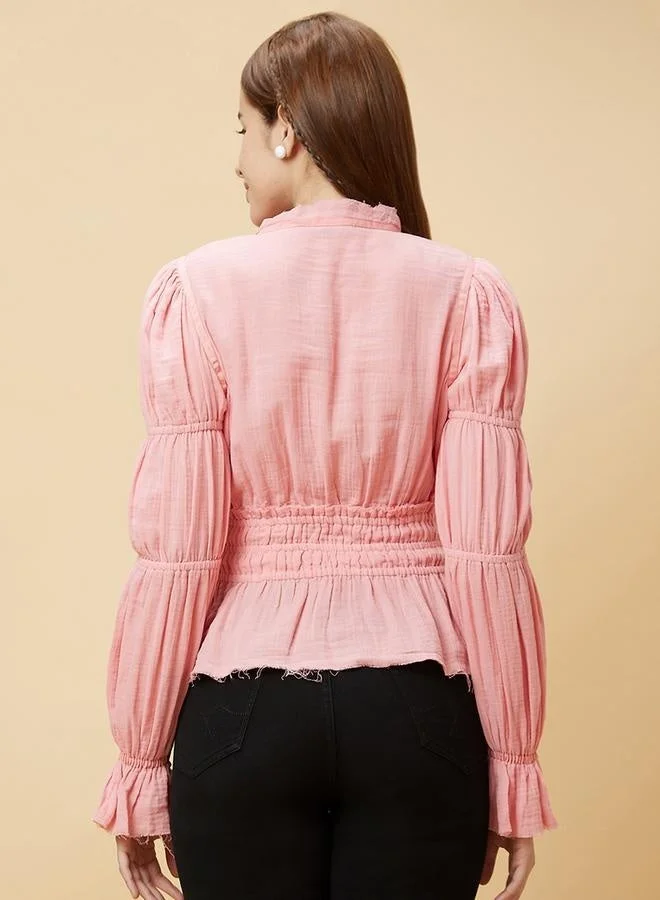 globus Textured Mandarin Collar Puff Sleeves Cotton Top