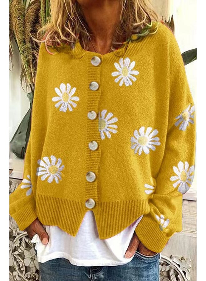 NIBEMINENT Fashion Floral Knitted Cardigan Women Sweaters Soft Spring Autumn Coat Button Long Sleeve Tops Design Outerwear Cardigans - Image 1