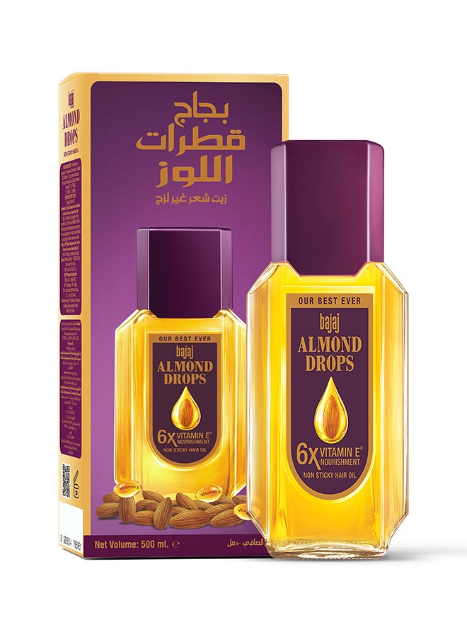 Bajaj Almond Drops زيت اللوز المدعم بفيتامين E 6X، خفيف وغير لزج، للتحكم في تساقط الشعر | 500 مل - Image 1