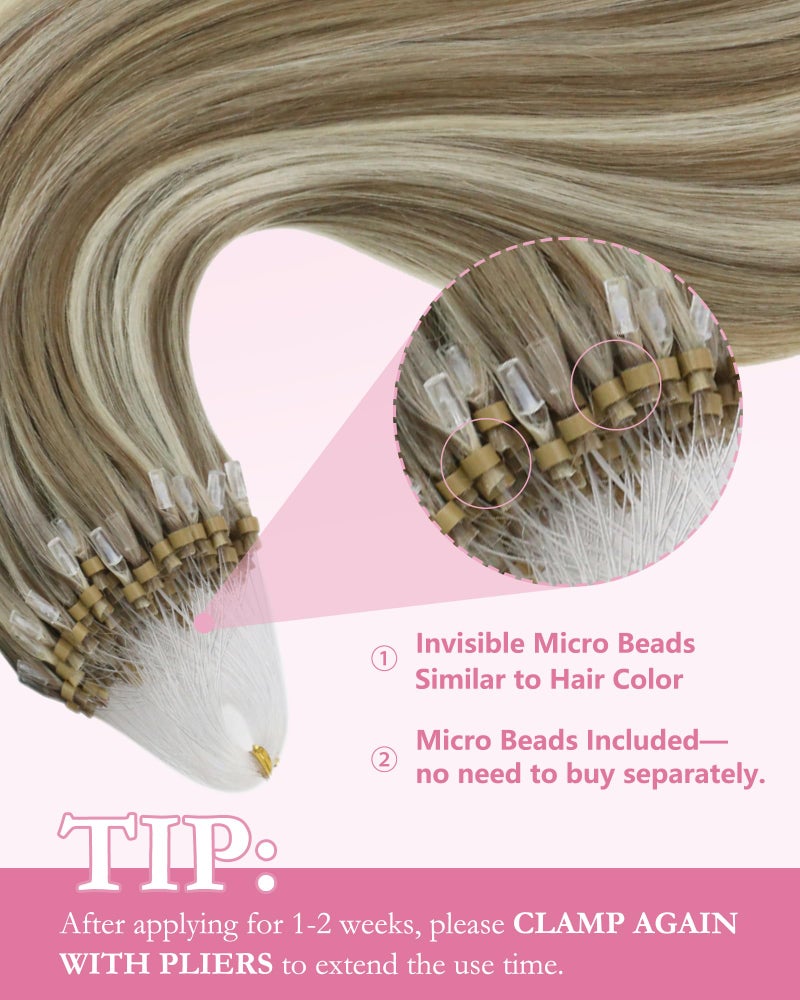 YoungSee Blonde Micro Bead Hair Extensions Human Hair 16inch Light Brown Highlight Golden Blonde Micro Loop Hair Extensions Real Human Hair Highlighted Microlink Human Hair Extension 1g/s 57g 50s - Image 4