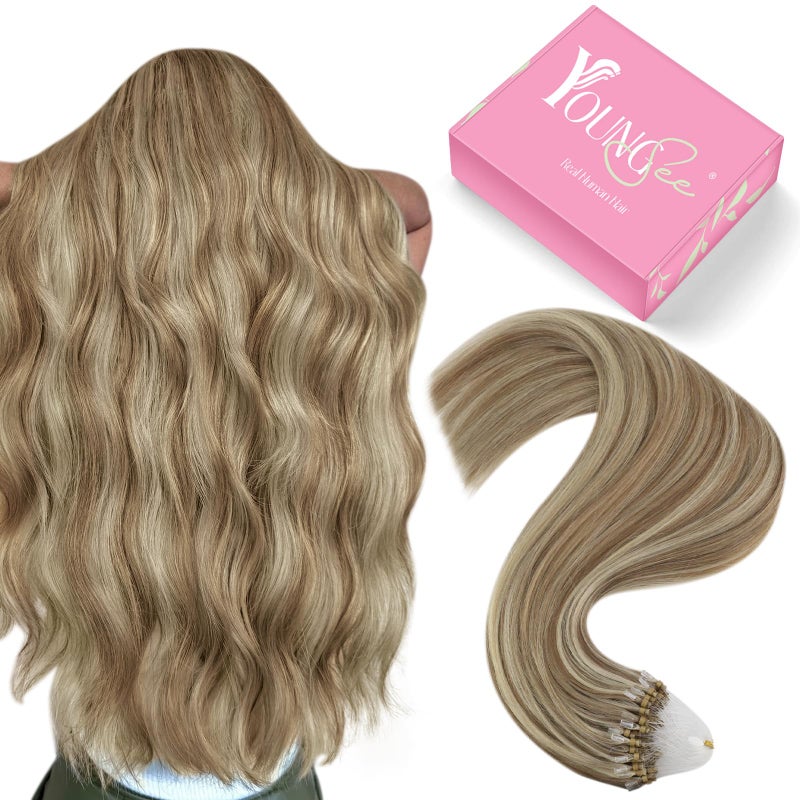 YoungSee Blonde Micro Bead Hair Extensions Human Hair 16inch Light Brown Highlight Golden Blonde Micro Loop Hair Extensions Real Human Hair Highlighted Microlink Human Hair Extension 1g/s 57g 50s - Image 1