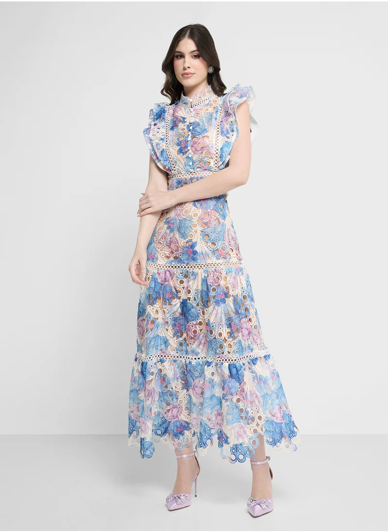 Khizana Floral Print Schiffli Dress