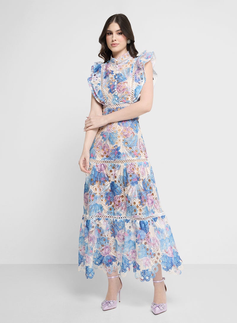 Khizana Floral Print Schiffli Dress - Image 1