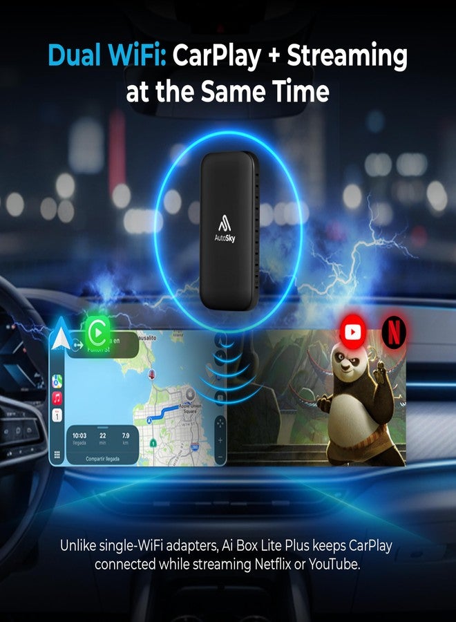 AutoSky جهاز AUTOSKY LITE Box Dual Plus - 2026 - يحول CarPlay/Android Auto إلى لاسلكي - يدعم *Netflix* وYouTube بدون إعادة الاتصال - وحدة واي فاي مزدوجة. - Image 4