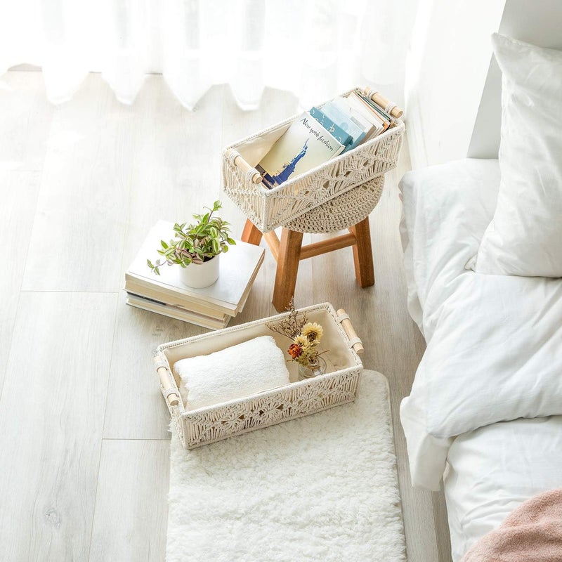 Mkono Macrame Storage Baskets Boho Decor Decoration Box Handmade Woven Decorative Countertop Toilet Tank Shelf Cabinet Organizer for Bedroom Livingroom Home, Set of 2, Ivory - Image 4