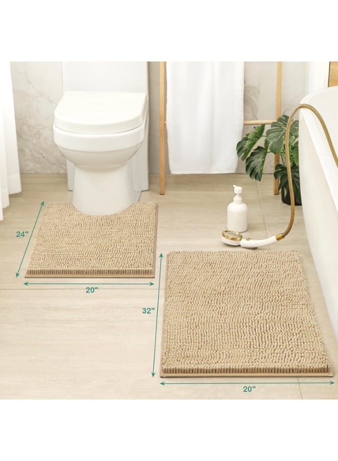 2 Pack Beige Chenille Bathroom Rug Set, Ultra Soft Absorbent Shaggy Bath Mats, Non Slip Luxury Bathroom Floor Mats for Shower, Tub & Toilet - Image 2