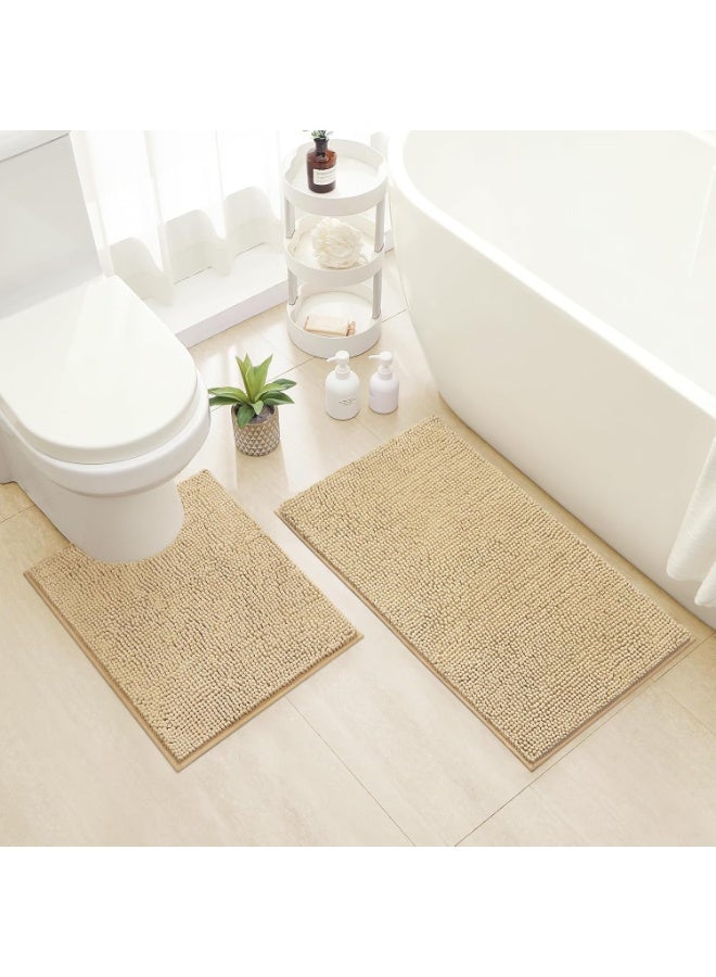 2 Pack Beige Chenille Bathroom Rug Set, Ultra Soft Absorbent Shaggy Bath Mats, Non Slip Luxury Bathroom Floor Mats for Shower, Tub & Toilet - Image 1