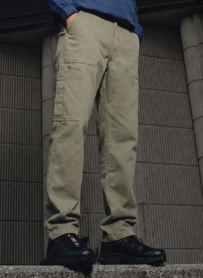 The Souled Store Men Straight Fit Solid Olive Cargo Jeans