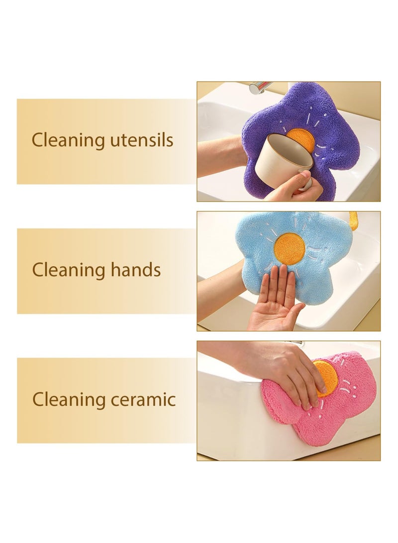 KASTWAVE Cute Flower Hand Towels with Hanging Loop, 4 Pcs Soft Absorbent Coral Fleece Hand Towels, Bathroom Kitchen Quick Dry Hanging Hand Towels for Kids, Adults - Image 4