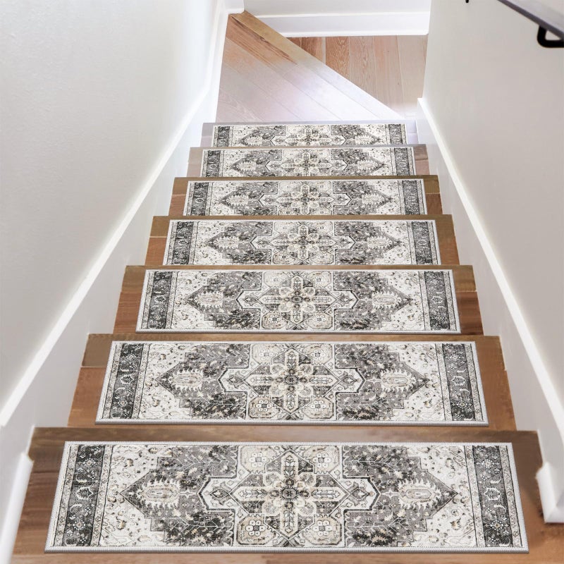 OJIA Stair Treads Non Slip for Wooden Steps Indoor 15PCS Carpet Stair Treads, Rubber Backing Stair Carpet Treads, Residue Free 8"x30" Staircase Step Treads Edging Stair Rugs for Kids & Pets, Gray - Image 1