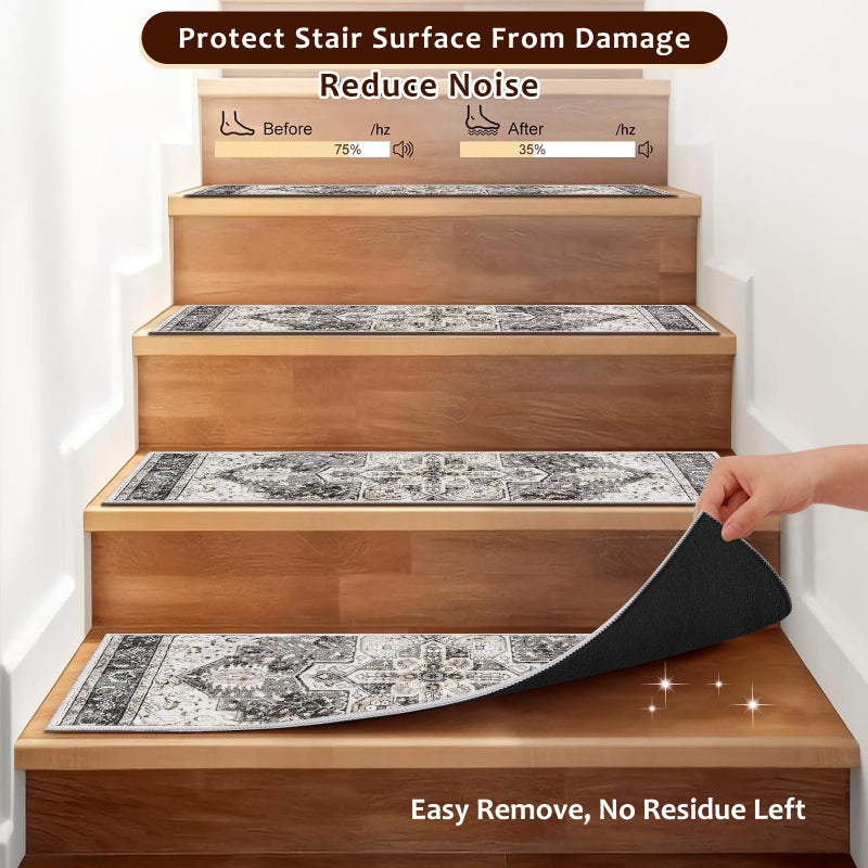 OJIA Stair Treads Non Slip for Wooden Steps Indoor 15PCS Carpet Stair Treads, Rubber Backing Stair Carpet Treads, Residue Free 8"x30" Staircase Step Treads Edging Stair Rugs for Kids & Pets, Gray - Image 3