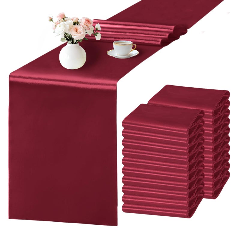 SHEJIZE 20 Pack Wine Red SatinTable Runner 12x108 Inches Long, Bright Silky Smooth Satin Table Runner Table Decor for Wedding Banquet Christmas Prom Event Birthday Party - Image 1