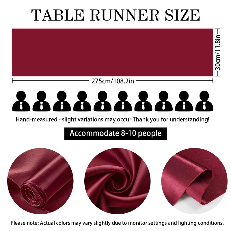 SHEJIZE 20 Pack Wine Red SatinTable Runner 12x108 Inches Long, Bright Silky Smooth Satin Table Runner Table Decor for Wedding Banquet Christmas Prom Event Birthday Party - Image 5