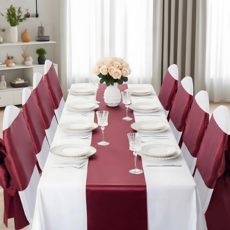 SHEJIZE 20 Pack Wine Red SatinTable Runner 12x108 Inches Long, Bright Silky Smooth Satin Table Runner Table Decor for Wedding Banquet Christmas Prom Event Birthday Party - Image 3
