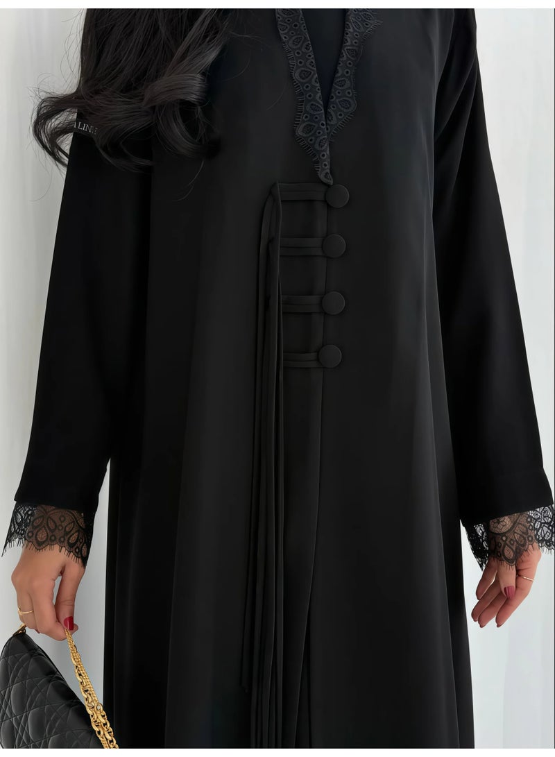 Alaa Women's Black Royal Crepe Abaya with Buttons, Shoulder Cut, Sheila & Niqab - Image 2