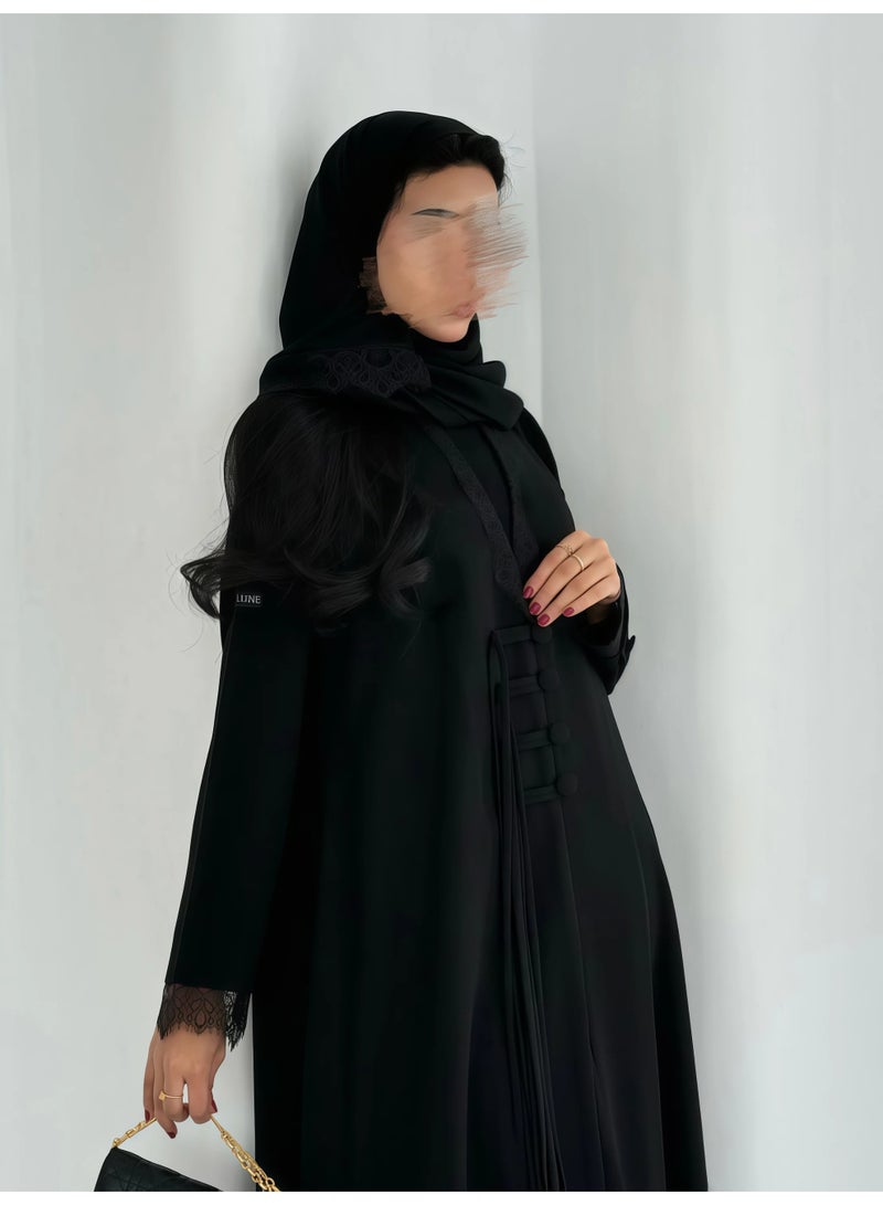 Alaa Women's Black Royal Crepe Abaya with Buttons, Shoulder Cut, Sheila & Niqab - Image 1